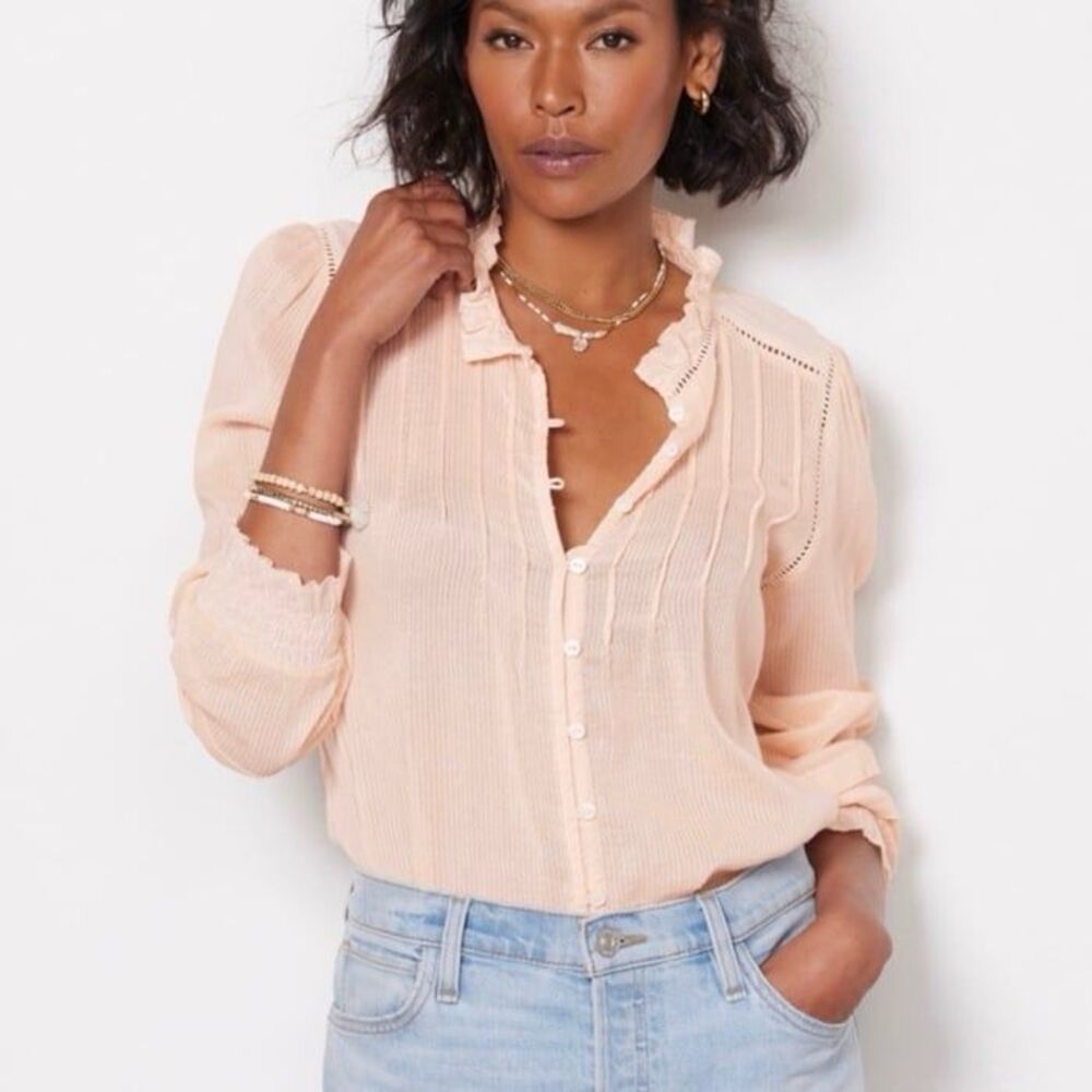Faherty Willa Rosette Peach Organic Cotton Pintuck Ruffle Blouse XL